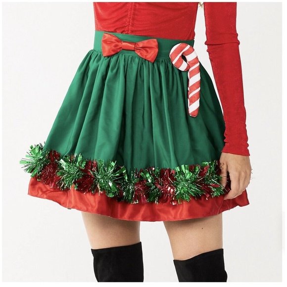 New Love & Let Love Candy Cane Skater Skirt Tinsel Trim Juniors Size XS Green - Picture 1 of 16